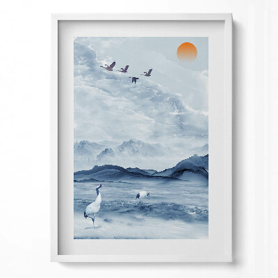 Obraz pionowy Malowany pejzaż jeziora i żurawi