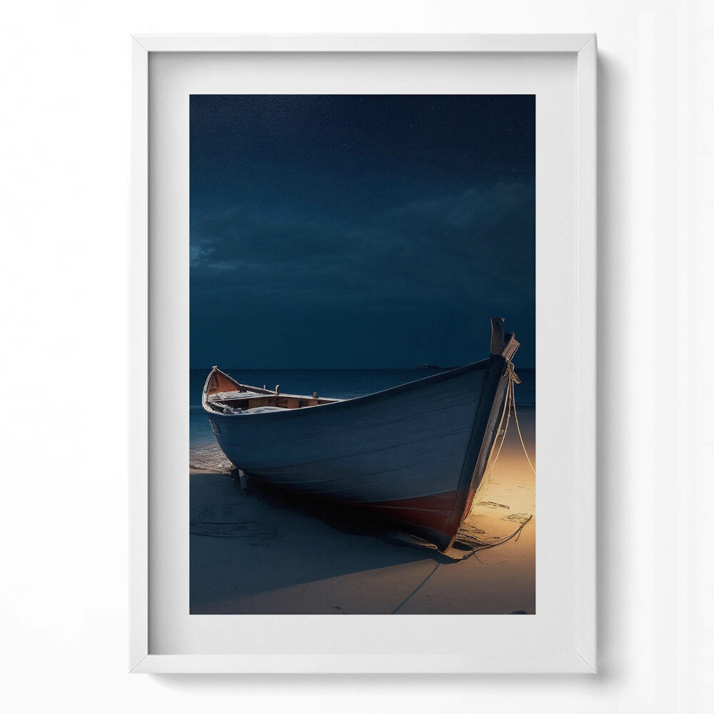 Obraz pionowy Łodka na brzgu plaży nocą