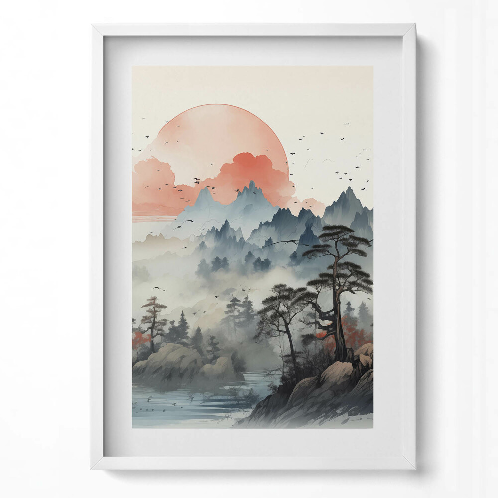 Obraz pionowy Górski pejzaż lasu w japońskim stylu