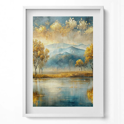 Obraz pionowy Abstrakcyjny pejzaż złotych drzew nad jeziorem
