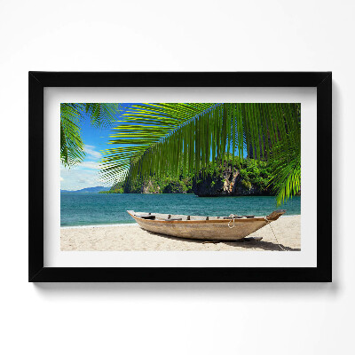 Obraz w ramie Łodka na plaży pod palmą