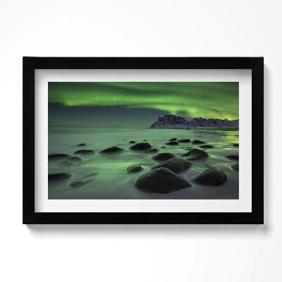 Obraz w ramie Zorza polarna - zielony pejzaż