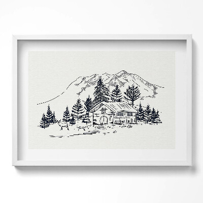 Obraz w ramie Rysunek domek w górach