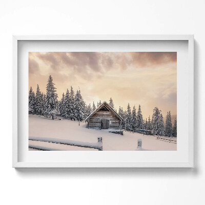 Obraz w ramie Pejzaż górskiej chaty zimą i o zachodzie słońca