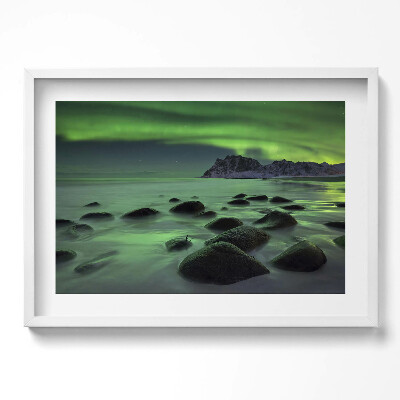 Obraz w ramie Zorza polarna - zielony pejzaż