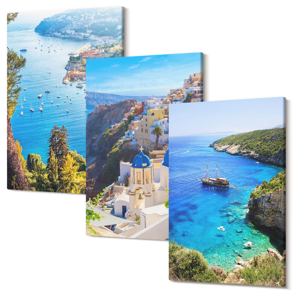 Zestaw obrazów 3 części tryptyk Greckie nadmorskie widoki i Santorini miasto Oia