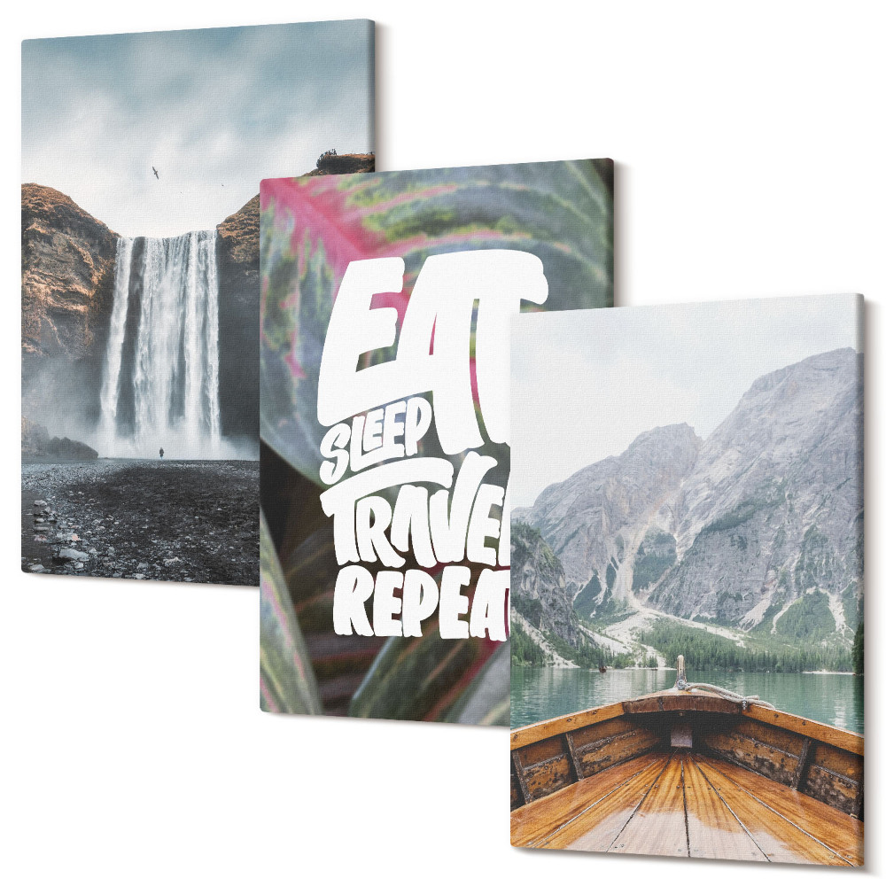 Zestaw obrazów tryptyk na ścianę Wodospad góry podróże natura łódź i roślinność