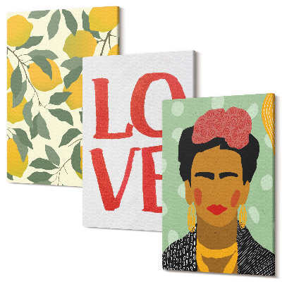 Zestaw obrazów 3 części tryptyk Cytryny napis LOVE malowany portret Fridy Kahlo
