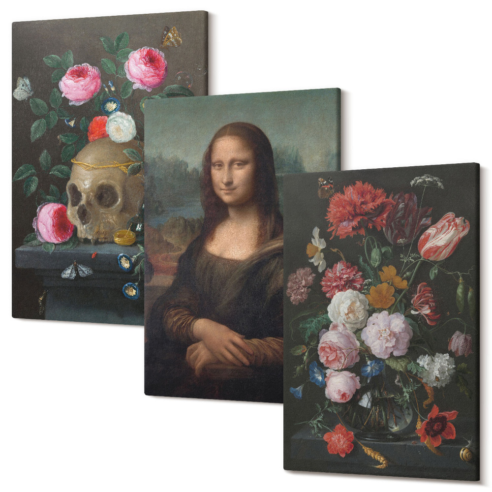 Zestaw obrazów na płótnie tryptyk Vintage kwiaty czaszka i portret Mona Lisy Leonardo da Vinci
