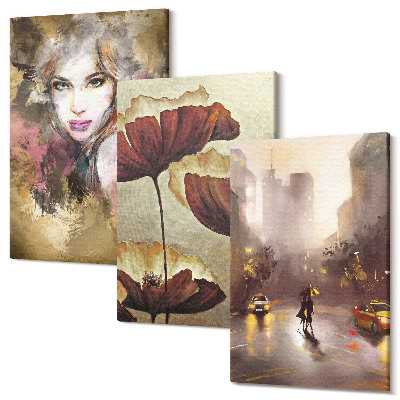 Zestaw obrazów 3 części tryptyk Abstrakcja portret kobiety kwiaty miasto w deszczu