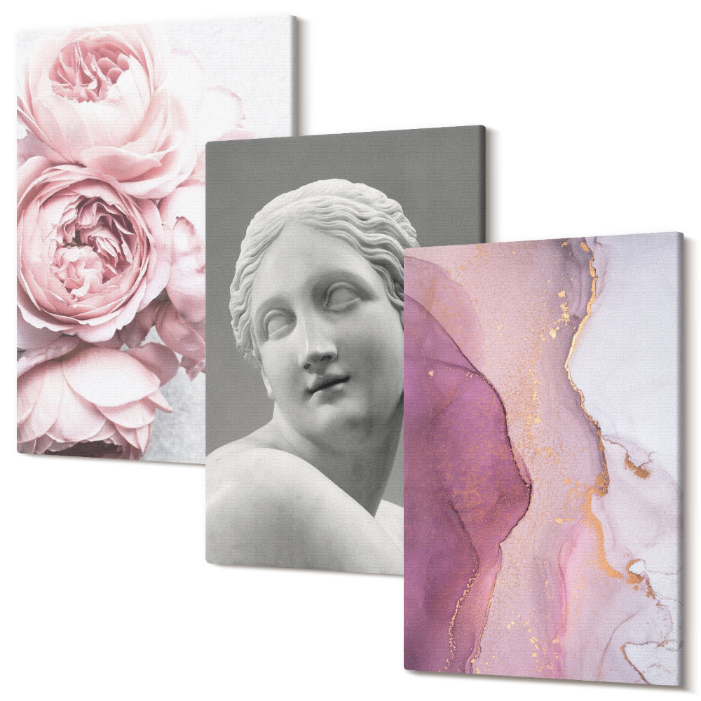Zestaw obrazów na płótnie tryptyk Romantyczne piwonie rzeźba kobiety abstrakcja