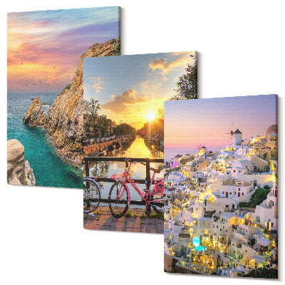 Zestaw obrazów 3 części tryptyk Widoki nadmorskie z zachodem słońca i miastem