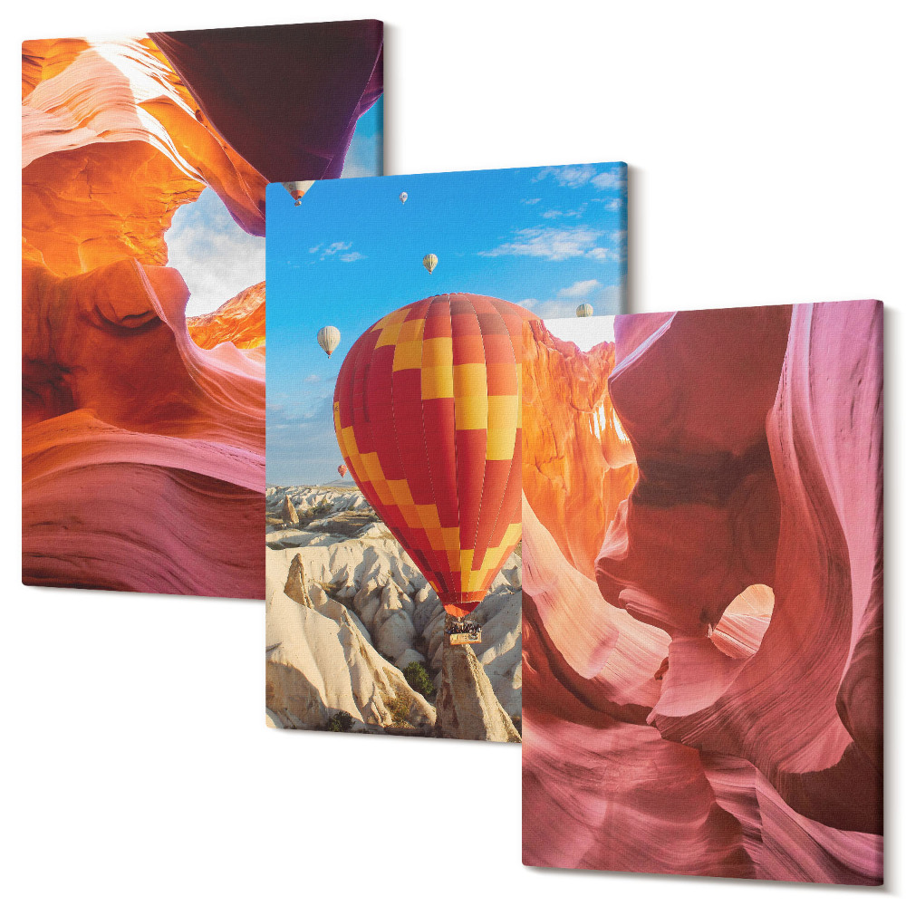 Zestaw obrazów 3 części tryptyk Krajobrazy pustynnych wąwozów i lot balonem
