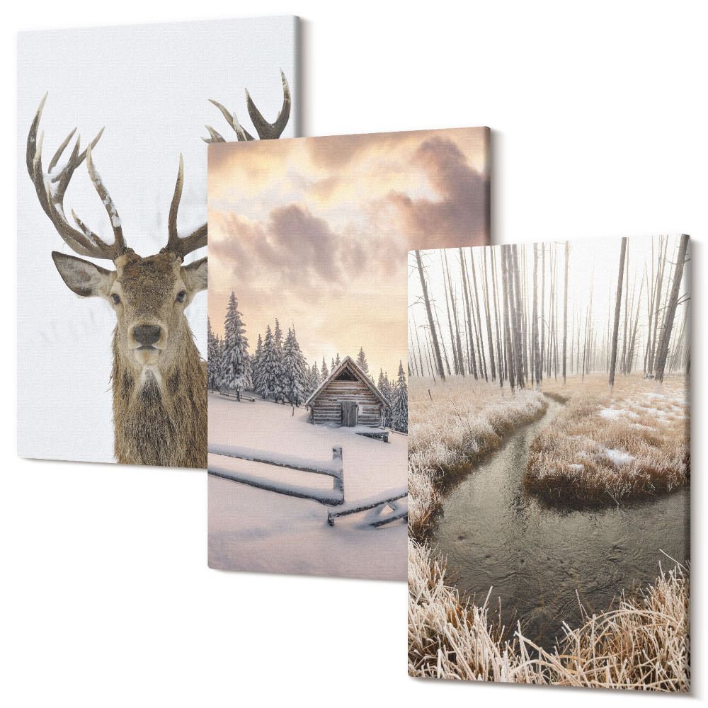 Zestaw obrazów tryptyk na ścianę Zimowy krajobraz z jeleniem chatą i strumieniem
