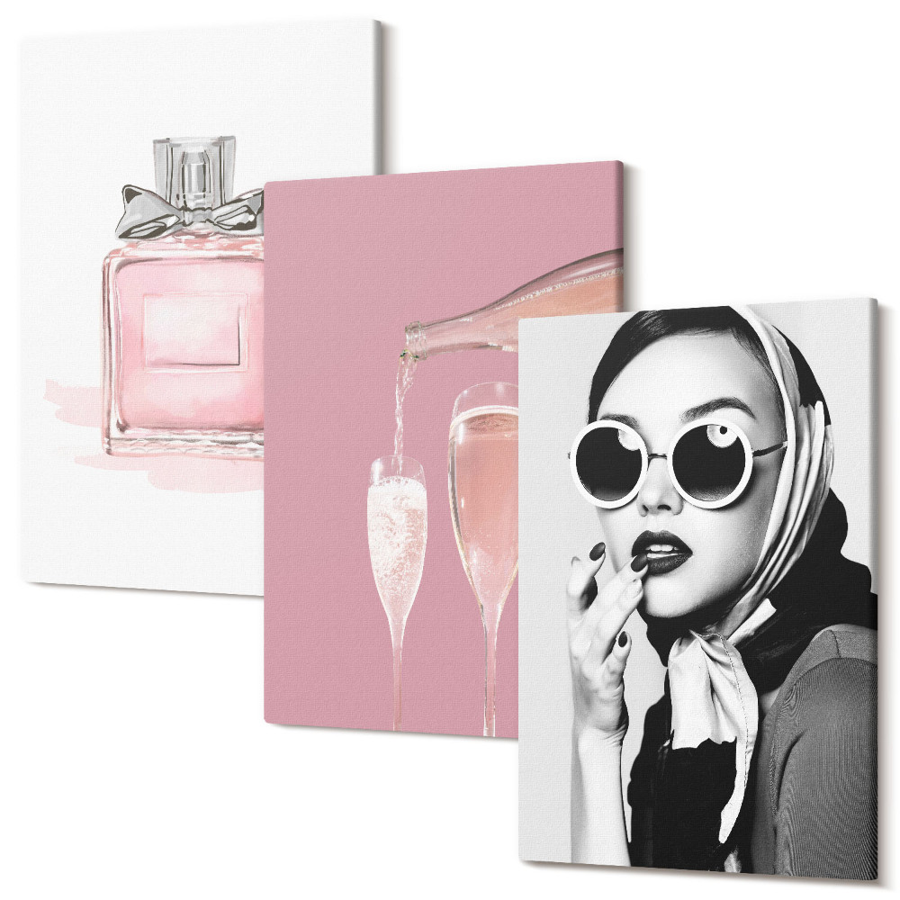 Zestaw obrazów 3 części tryptyk Stylowe kobiece akcesoria w odcieniach różu