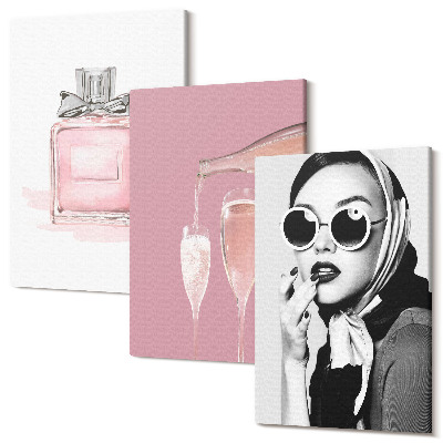 Zestaw obrazów 3 części tryptyk Stylowe kobiece akcesoria w odcieniach różu