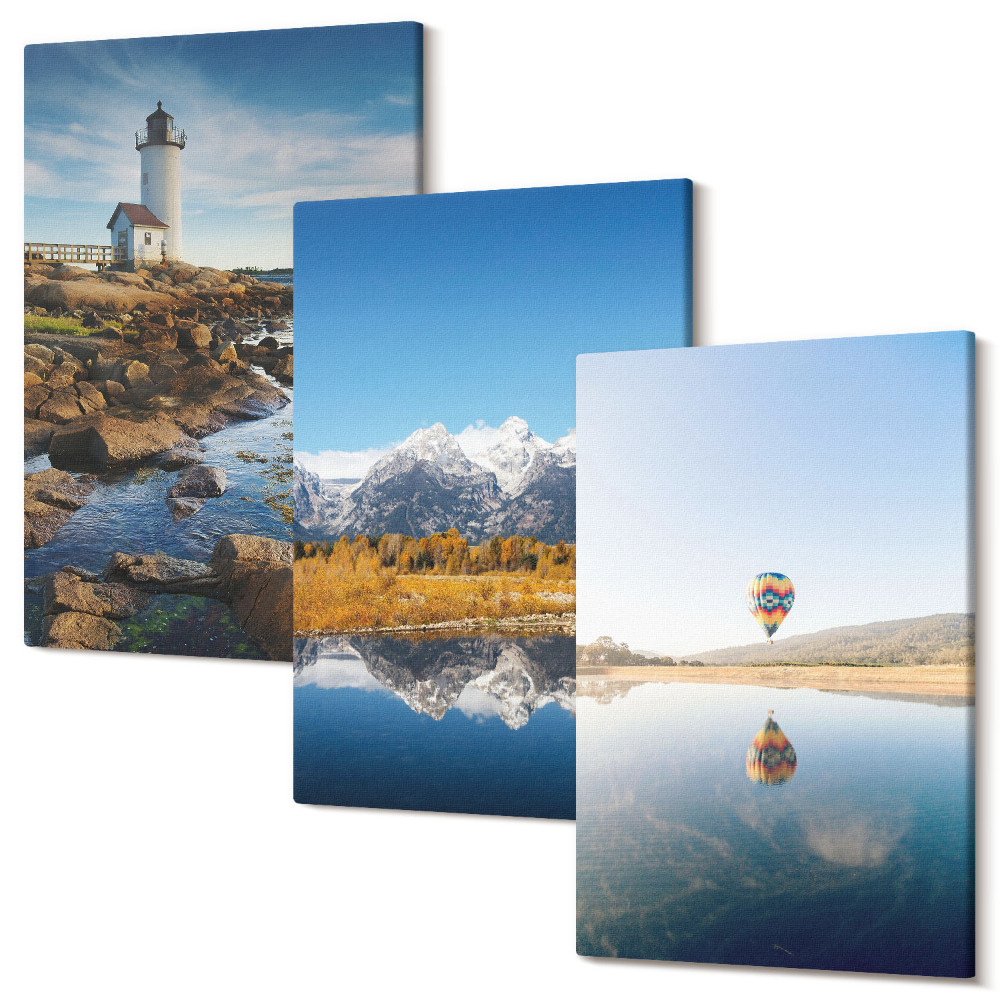 Zestaw obrazów tryptyk na ścianę Widoki natury z latarnią górami jeziorem i balonem