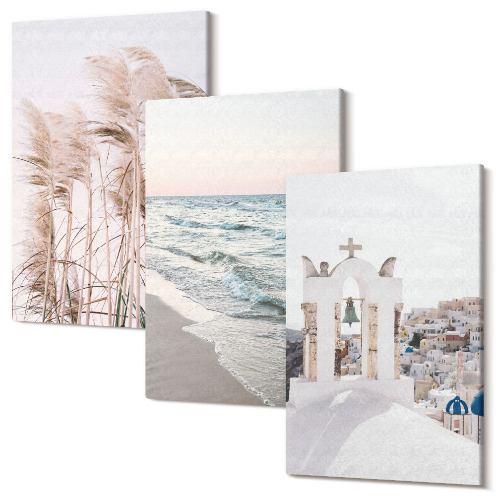 Zestaw obrazów 3 części tryptyk Rośliny nadmorskie fale morza widok na białe domy