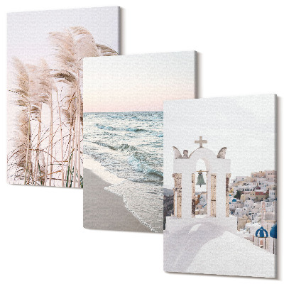 Zestaw obrazów 3 części tryptyk Rośliny nadmorskie fale morza widok na białe domy