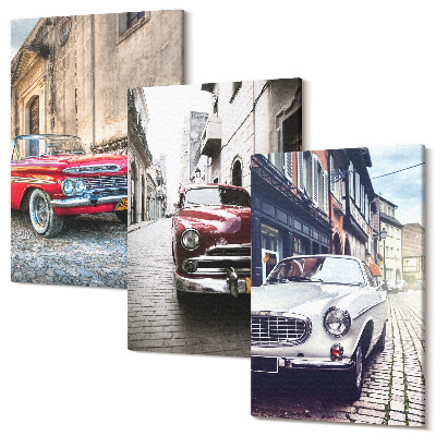 Zestaw obrazów na płótnie tryptyk Klasyczne samochody na ulicach miast w różnych kolorach