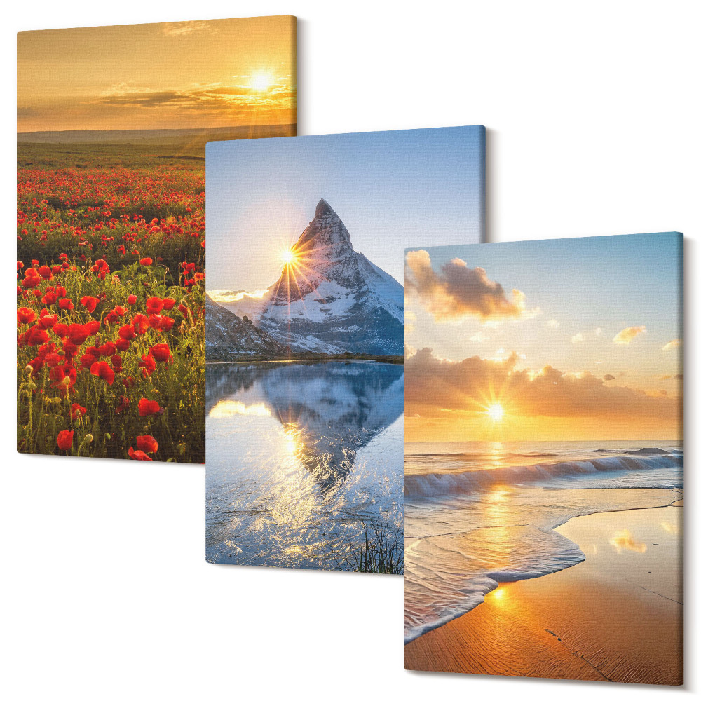 Zestaw obrazów 3 części tryptyk Krajobrazy górskie i nadmorskie z zachodem słońca