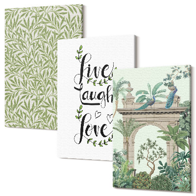 Zestaw obrazów na płótnie tryptyk Zielone liście napisy i egzotyczne rośliny w architekturze