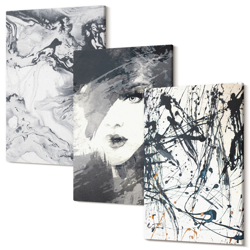 Zestaw obrazów 3 części tryptyk Abstrakcyjne wzory w odcieniach czerni i bieli