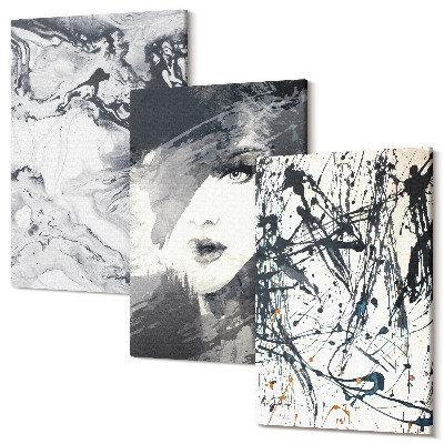 Zestaw obrazów 3 części tryptyk Abstrakcyjne wzory w odcieniach czerni i bieli