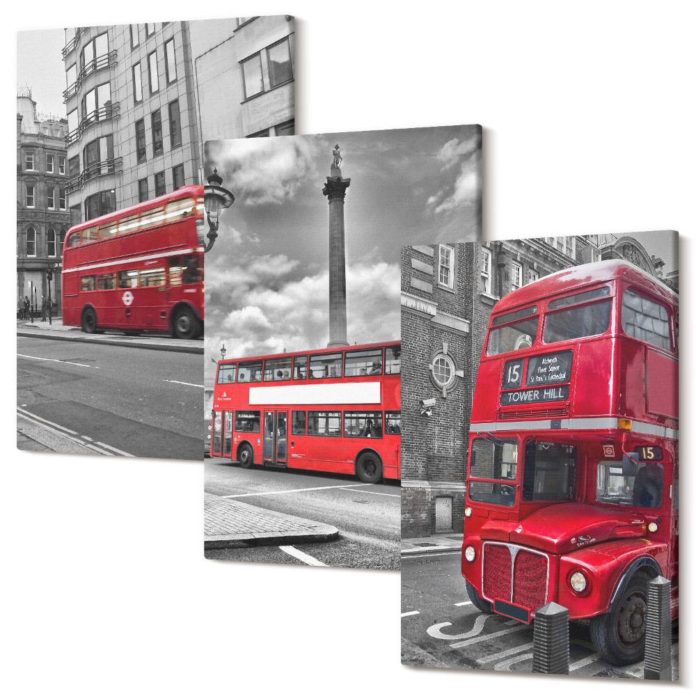 Zestaw obrazów na płótnie tryptyk Czerwone autobusy w miejskim krajobrazie Londynu