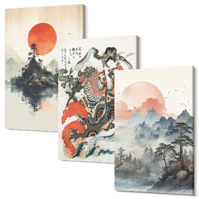 Zestaw obrazów 3 części tryptyk Azjatyckie malunki pejzaże i portret w stylu japandi