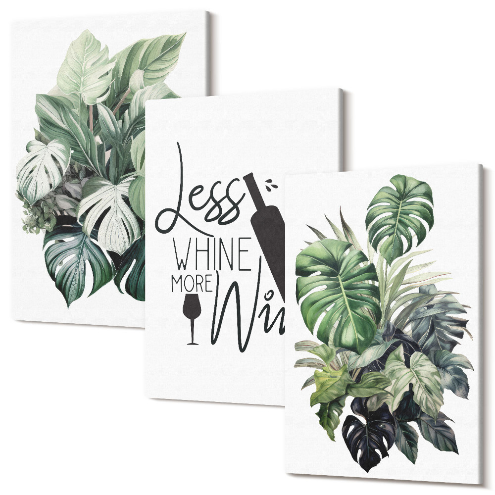 Zestaw obrazów na płótnie tryptyk Liście roślin w zielonych odcieniach z napisem o winie