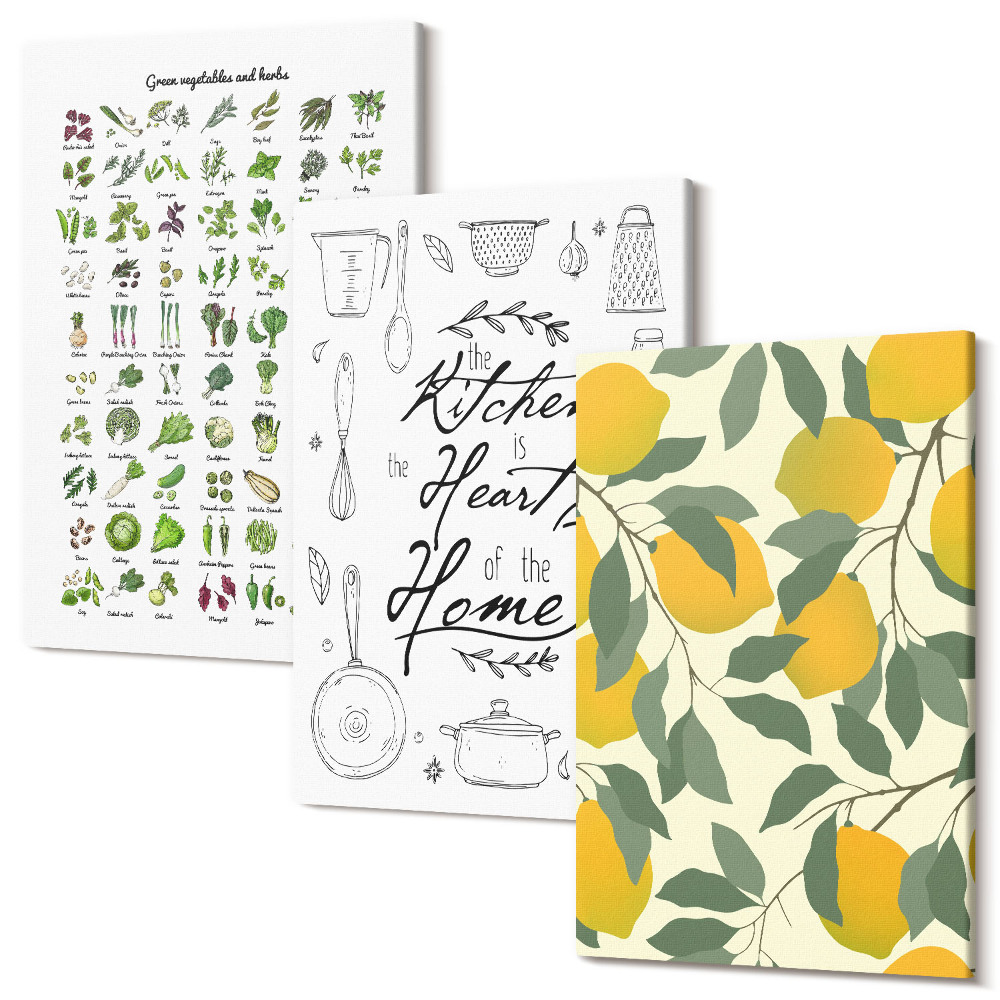 Zestaw obrazów tryptyk na ścianę Lista ziół kuchenny napis i malowane cytryny