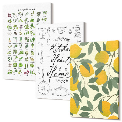 Zestaw obrazów tryptyk na ścianę Lista ziół kuchenny napis i malowane cytryny