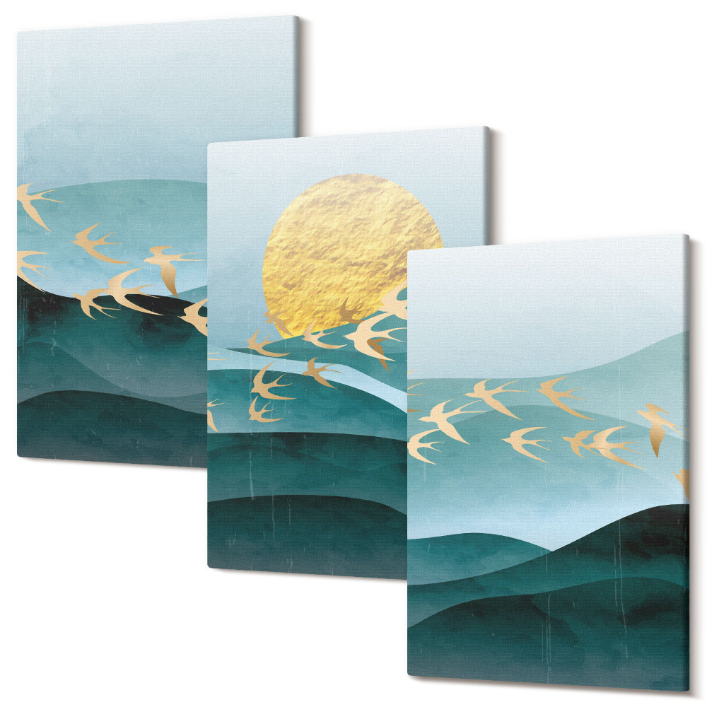 Zestaw obrazów tryptyk na ścianę Abstrakcyjne pejzaże fal słońca i lecących ptaków