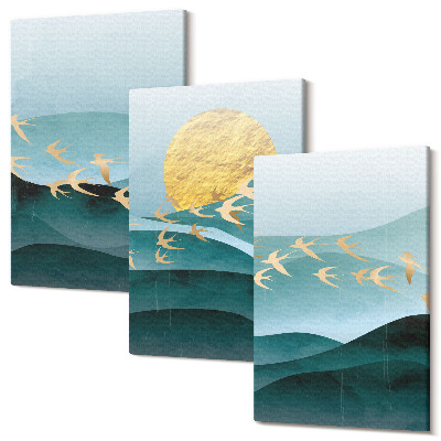 Zestaw obrazów tryptyk na ścianę Abstrakcyjne pejzaże fal słońca i lecących ptaków
