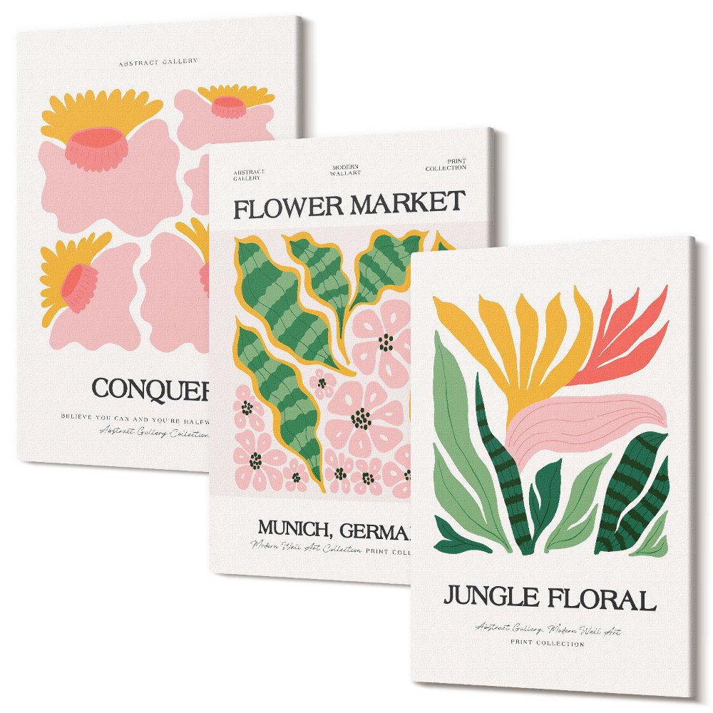 Zestaw obrazów tryptyk na ścianę Kwiaty i liście w stylu nowoczesnym postery