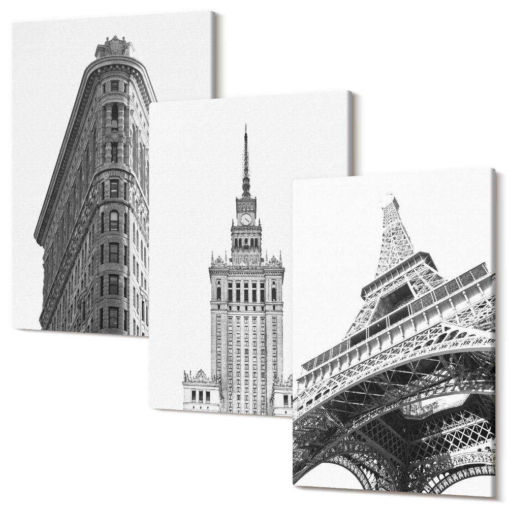Zestaw obrazów tryptyk na ścianę Architektoniczne budowle w czerni i bieli minimalizm