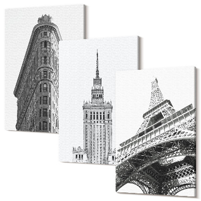 Zestaw obrazów tryptyk na ścianę Architektoniczne budowle w czerni i bieli minimalizm