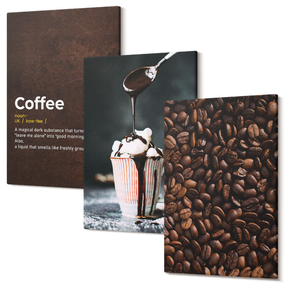 Zestaw obrazów tryptyk na ścianę Napój z bitą śmietaną ziarna kawy definicja