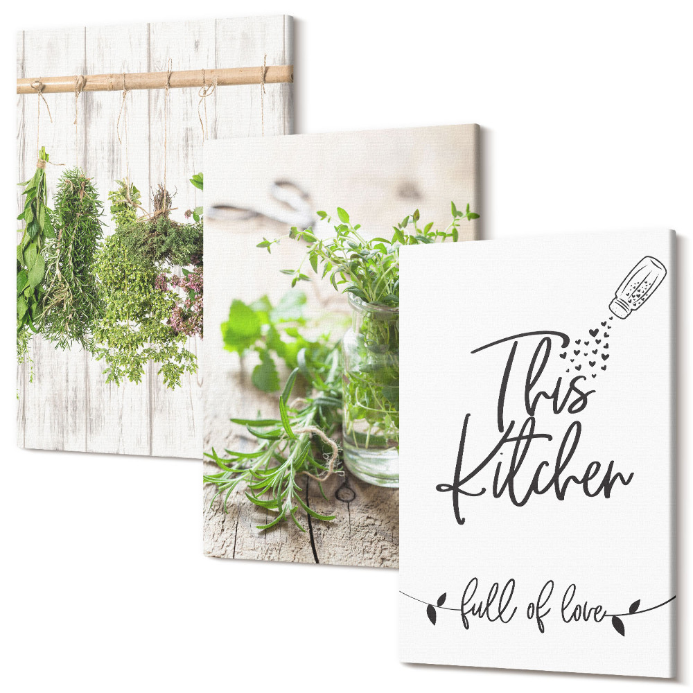 Zestaw obrazów 3 części tryptyk Kuchenny motyw napis suszone zioła