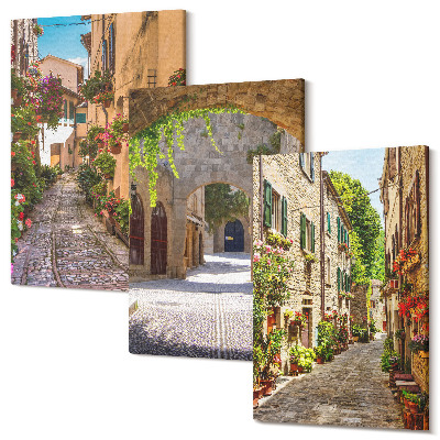 Zestaw obrazów 3 części tryptyk Włoskie uliczki z kwiatami i architekturą krajobrazy