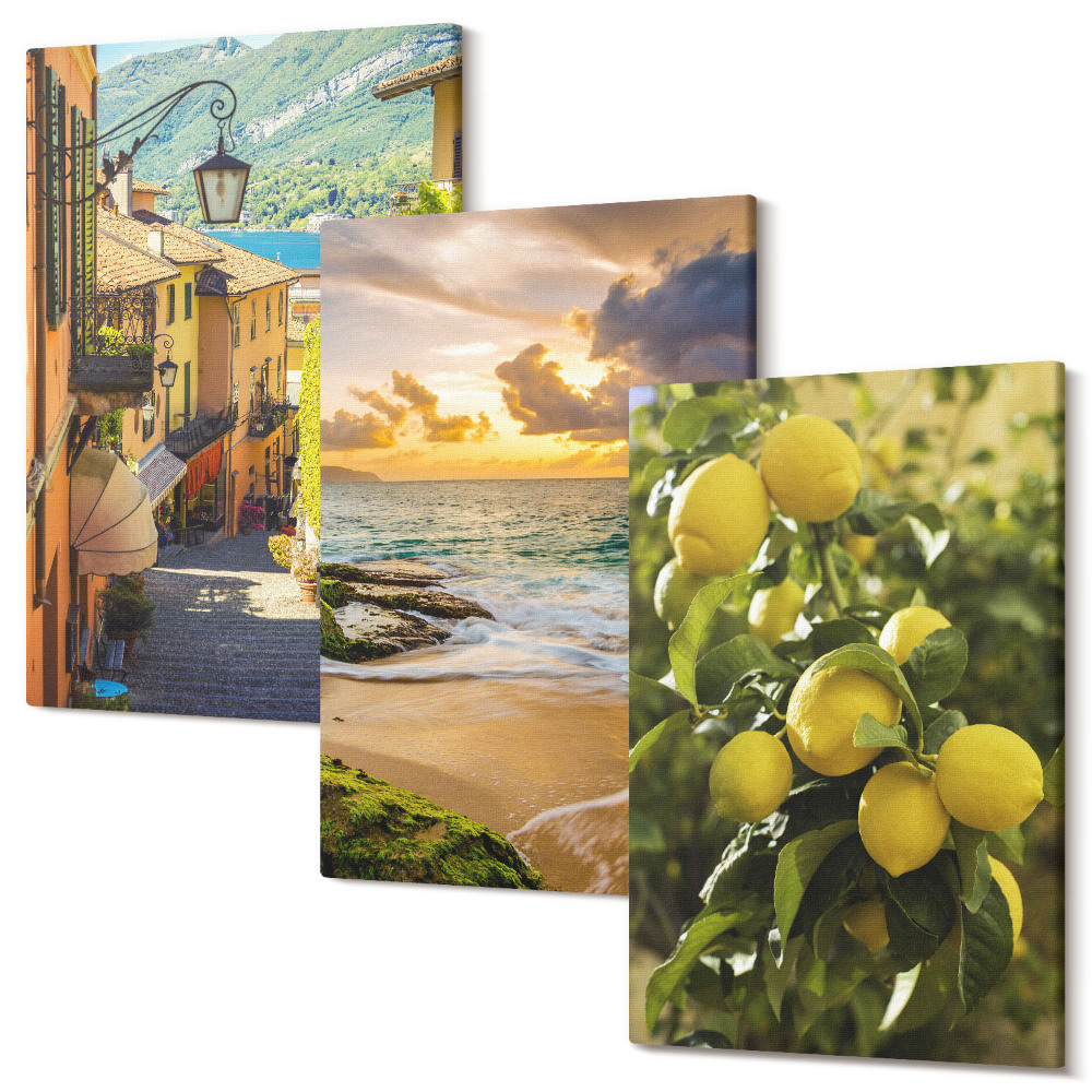 Zestaw obrazów 3 części tryptyk Malownicze uliczki morze plaża i cytrusy