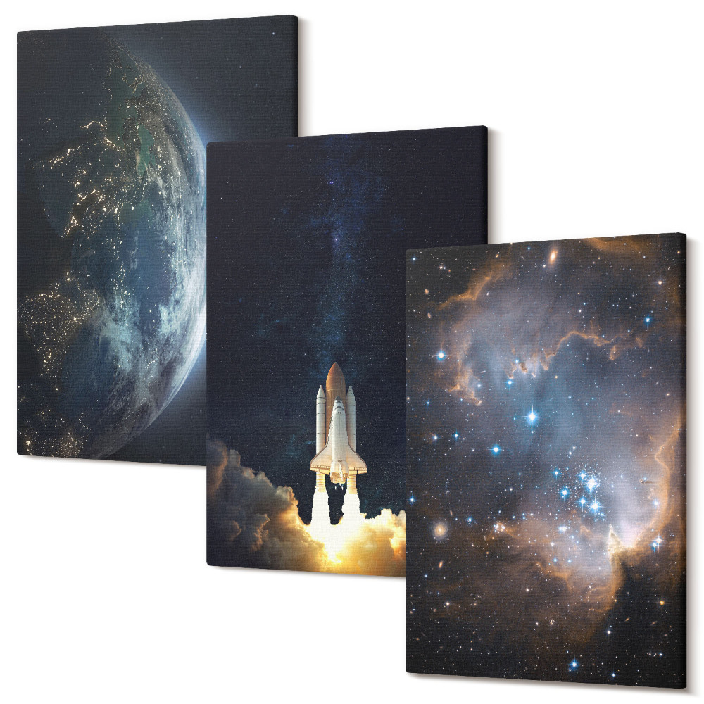 Zestaw obrazów 3 części tryptyk Kosmos Ziemia rakieta galaktyka niebo gwiazdy
