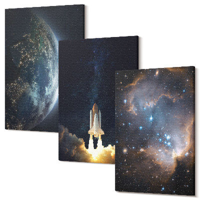 Zestaw obrazów 3 części tryptyk Kosmos Ziemia rakieta galaktyka niebo gwiazdy