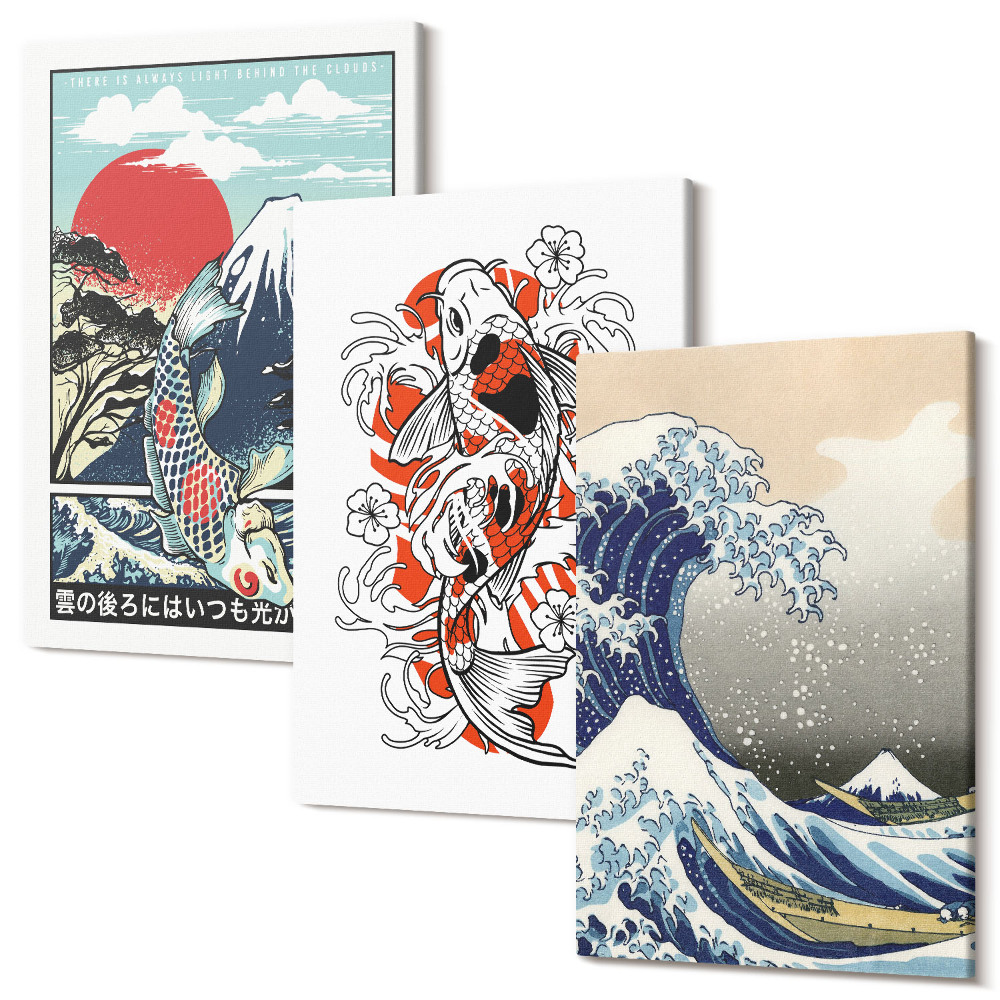 Zestaw obrazów 3 części tryptyk Ilustracje gór ryb i Wielkiej Fali w Kanagawie styl japoński