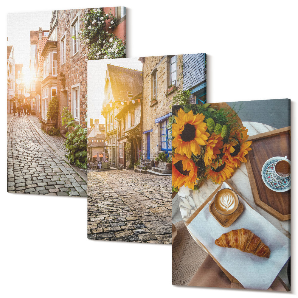 Zestaw obrazów tryptyk na ścianę Urokliwe uliczki z kawą i słonecznikami