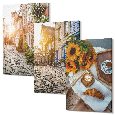 Zestaw obrazów tryptyk na ścianę Urokliwe uliczki z kawą i słonecznikami
