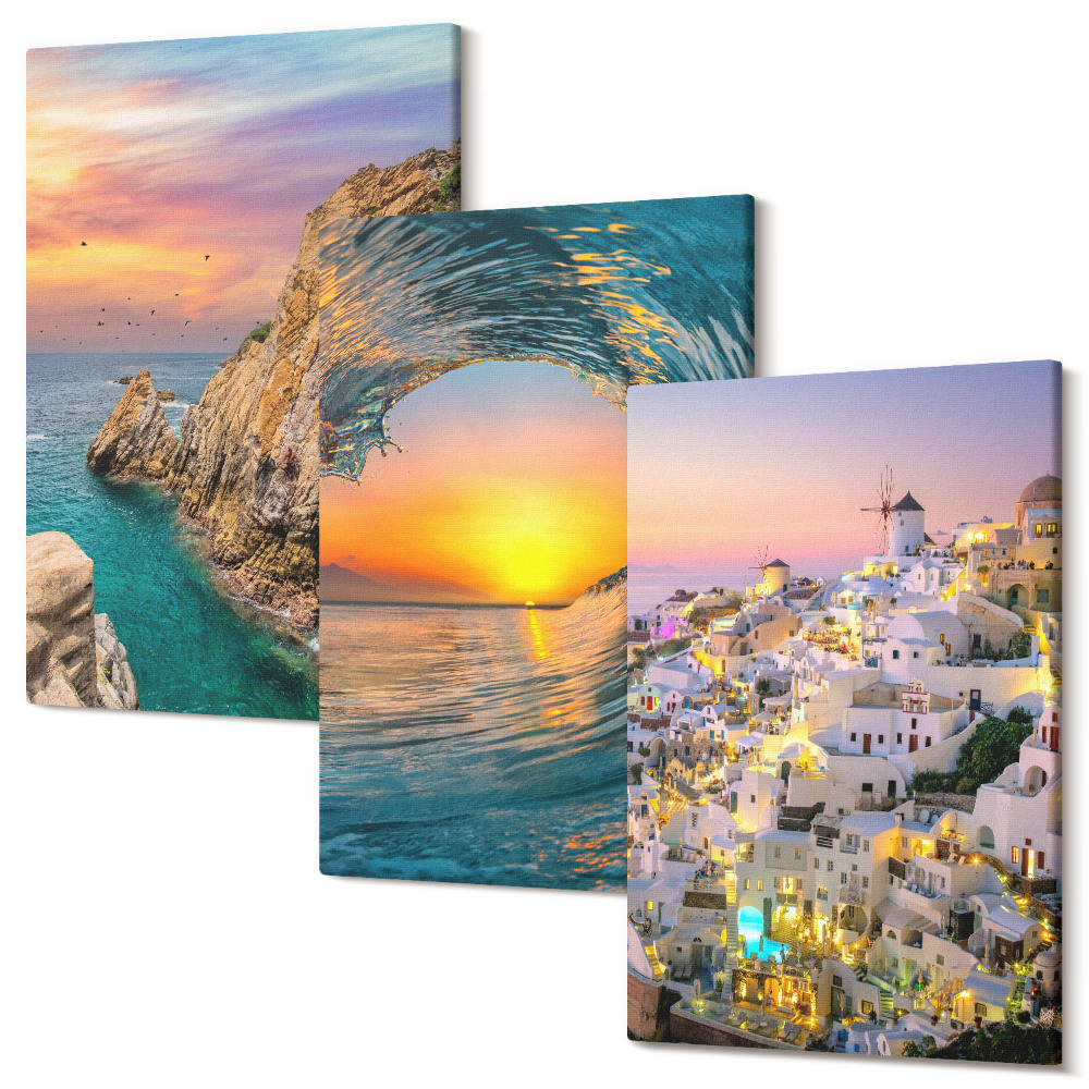 Zestaw obrazów 3 części tryptyk Widoki morza fale i białe domy w Santorini Grecja