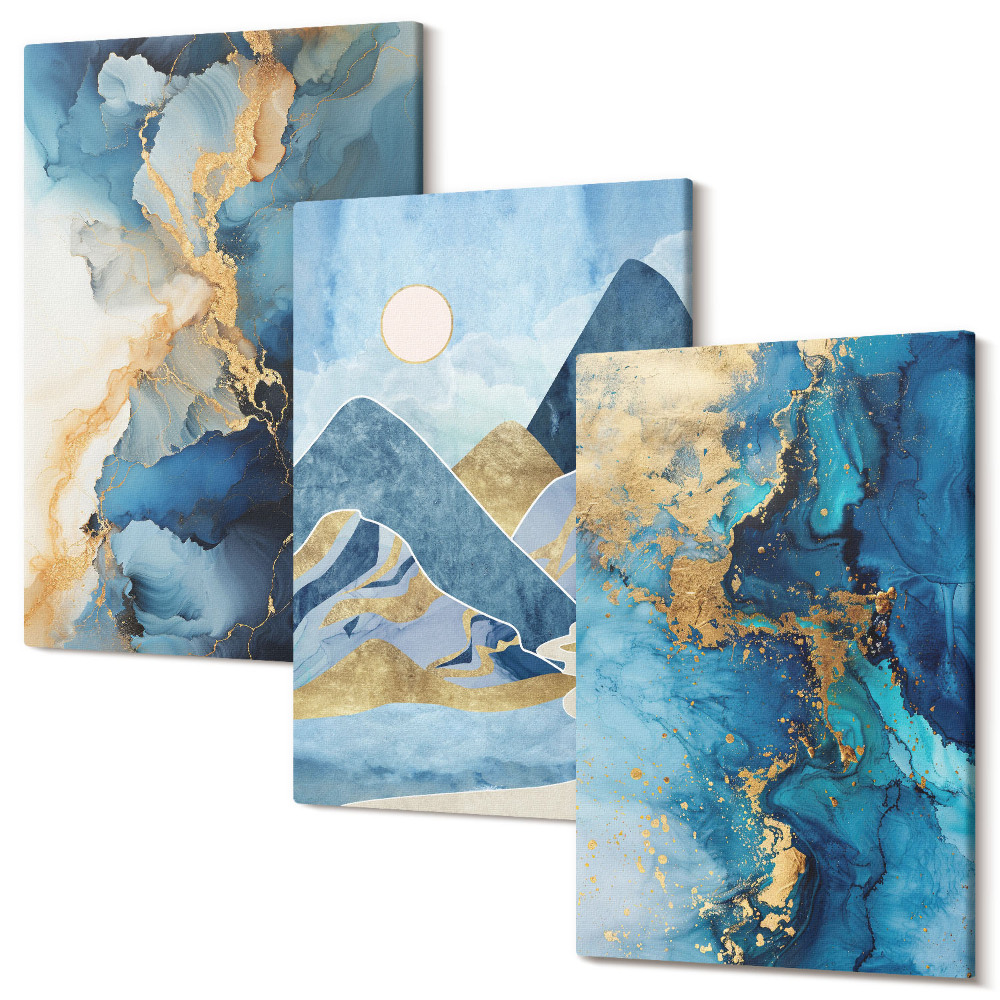 Zestaw obrazów tryptyk na ścianę Niebieskie góry z elementami abstrakcyjne wzory