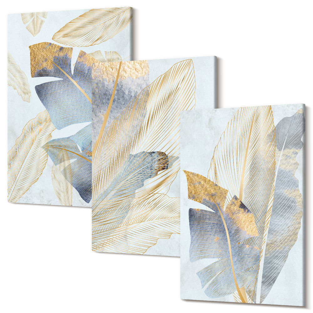 Zestaw obrazów na płótnie tryptyk Liście w odcieniach niebieskiego i beżu na tle jasnym